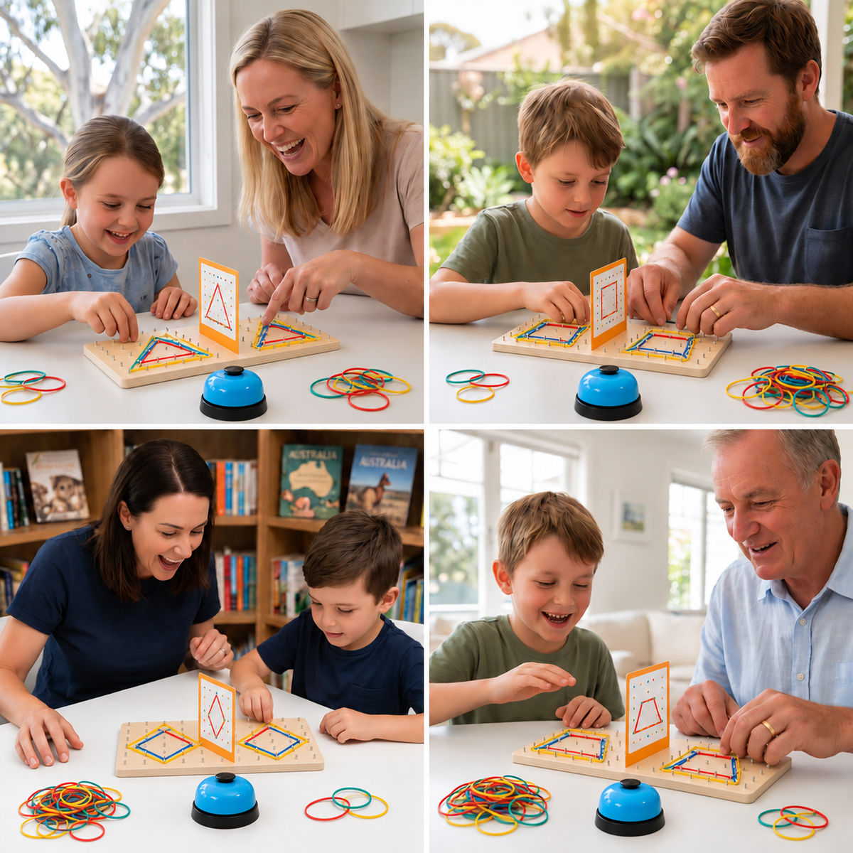 Drewniana gra bitewna Montessori – Geometria z kolorowymi gumkami