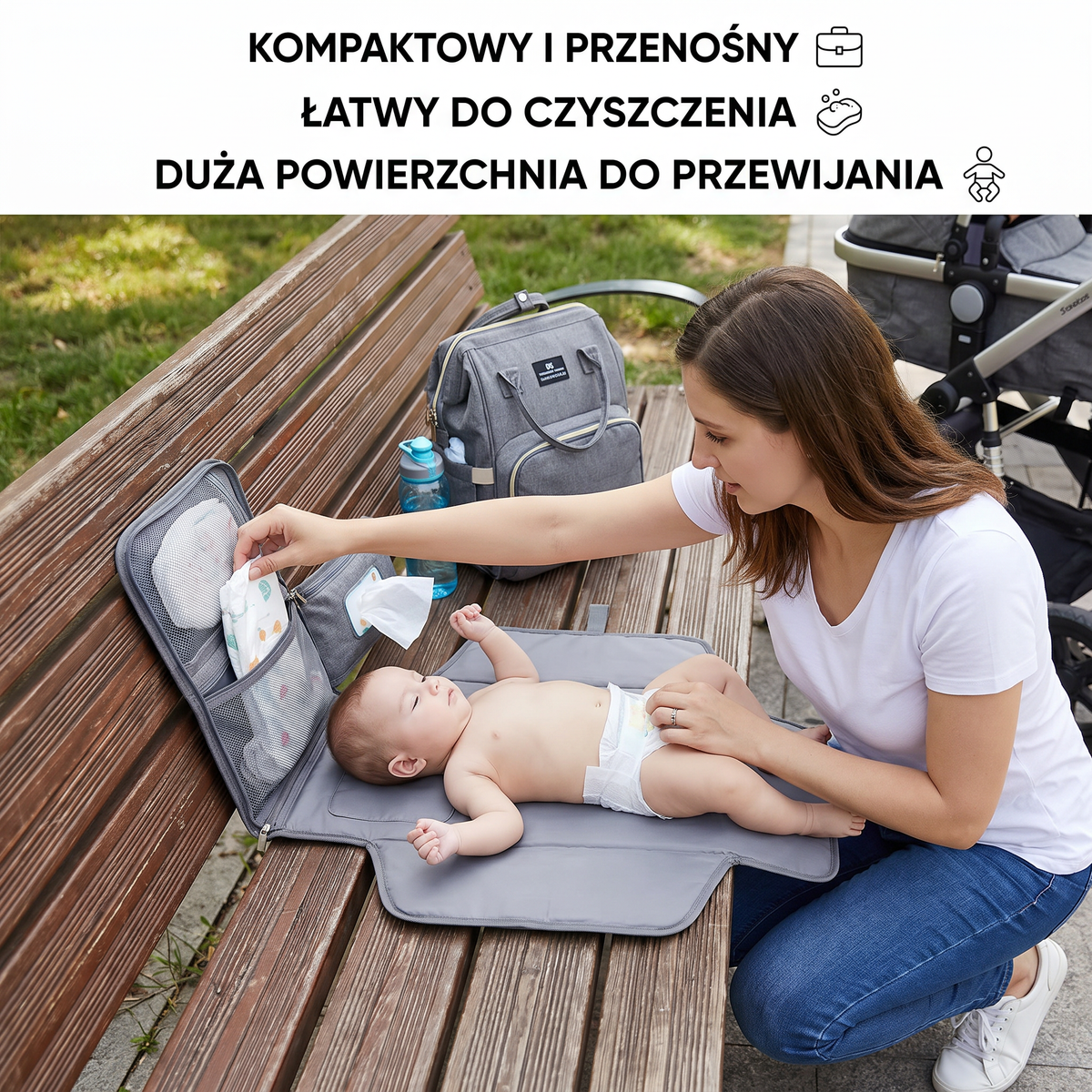 Kompaktowa mata do przewijania z kieszeniami, idealna w podróży