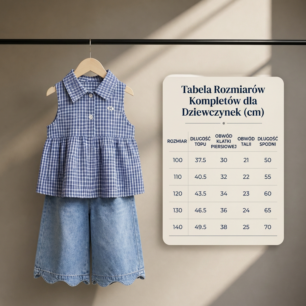Dziewczęcy komplet dwuczęściowy na wiosnę i lato – top w kratkę z mieszanki bawełny i uniwersalne spodnie jeansowe