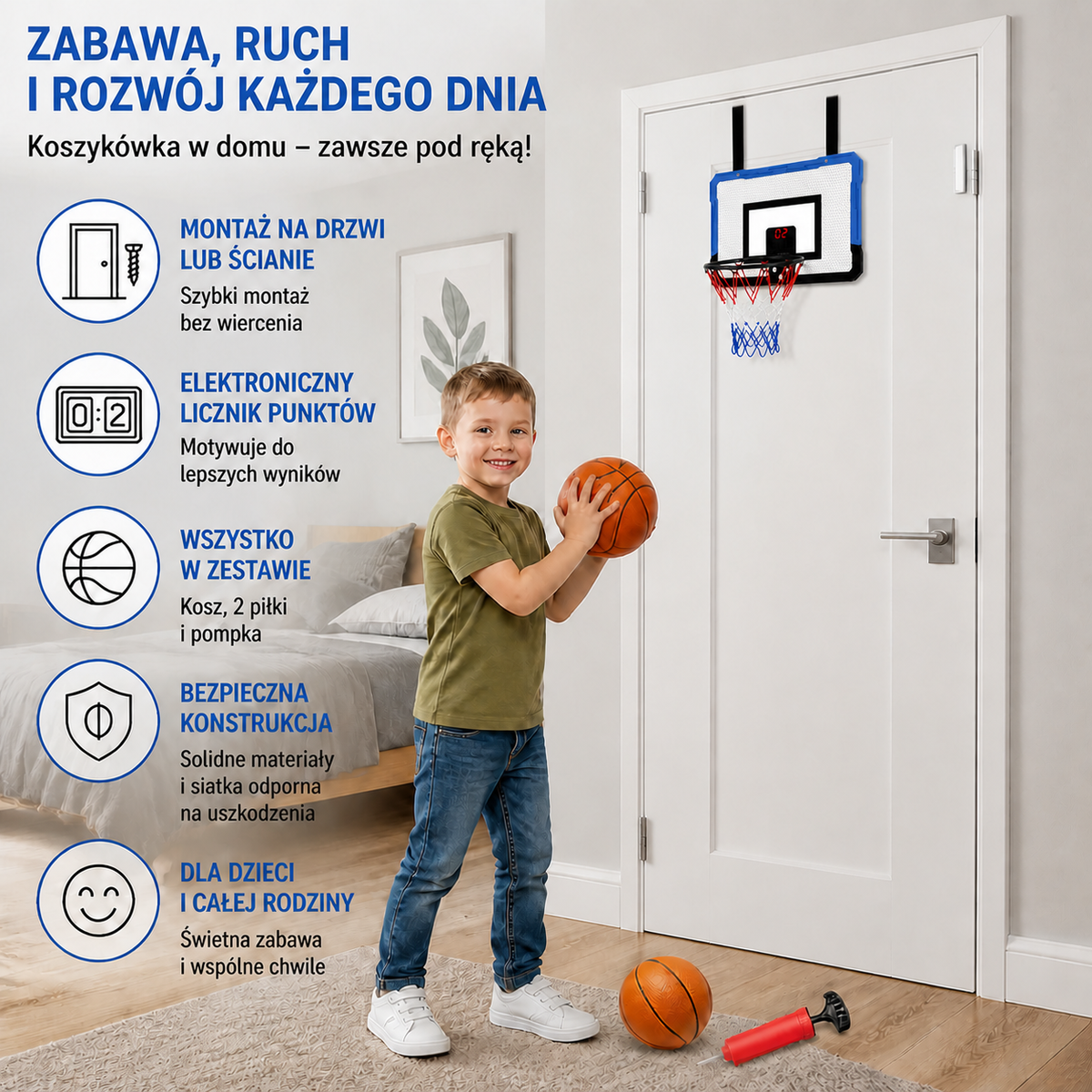 Mini Kosz do Koszykówki dla Dzieci – Zestaw do Montażu na Ścianie i Drzwiach