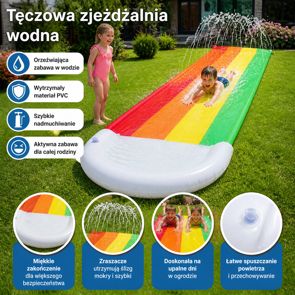 Tęczowa Zjeżdżalnia Wodna – Dmuchana Zjeżdżalnia Ogrodowa dla Dzieci i Całej Rodziny