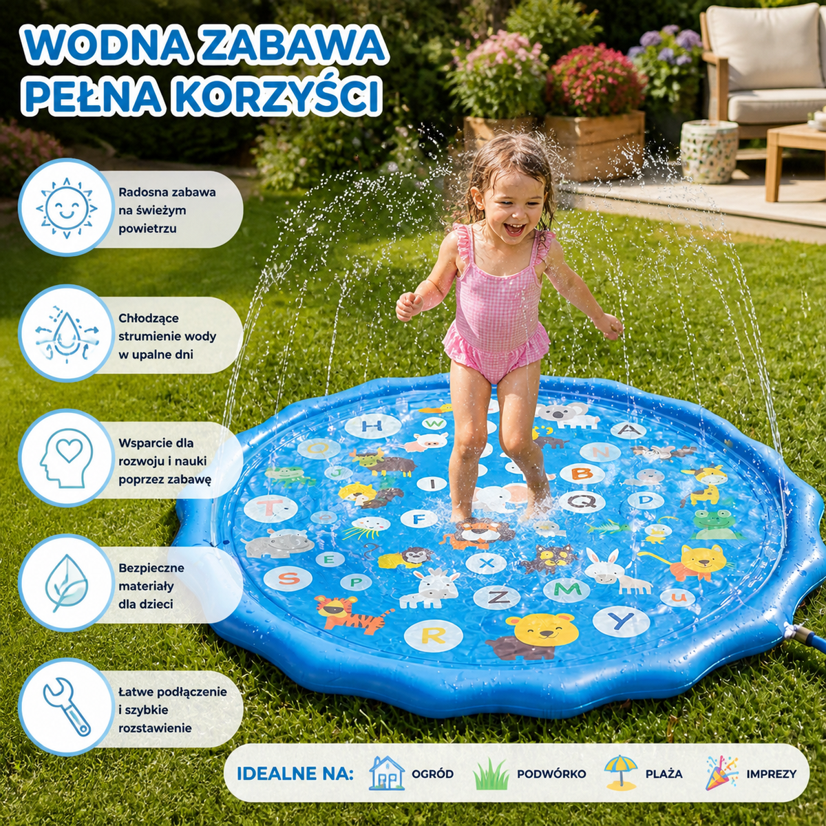 Dmuchana Mata Wodna dla Dzieci ze Zraszaczem – Ogrodowa i Plażowa Strefa Zabawy w Wodzie