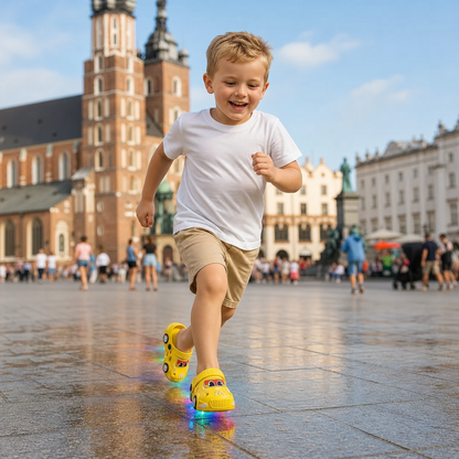 Dziecięce klapki do kąpieli w kształcie samochodzików ze świecącymi światełkami – antypoślizgowe