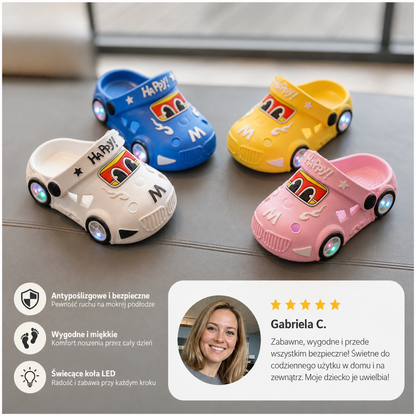Dziecięce klapki do kąpieli w kształcie samochodzików ze świecącymi światełkami – antypoślizgowe