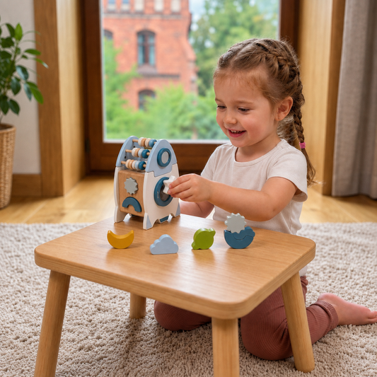 Ręcznie wykonana drewniana rakieta Montessori z różnymi kształtami i kolorami