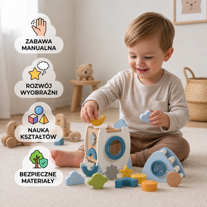 Ręcznie wykonana drewniana rakieta Montessori z różnymi kształtami i kolorami