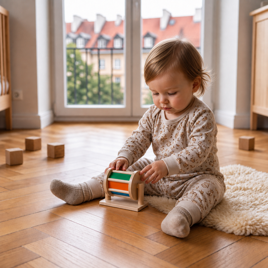 Montessori – drewniane obrotowe pudełko dla małych dzieci