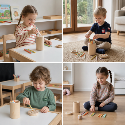 Drewniana gra Montessori z kolorowymi patyczkami