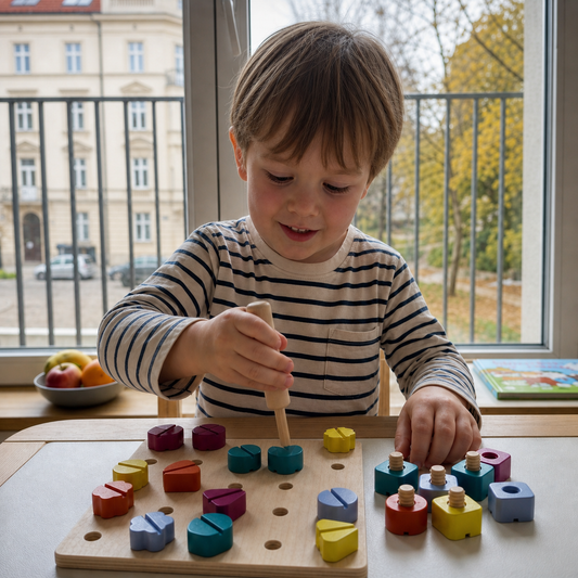 Montessori – drewniana zabawka z kolorowymi śrubkami
