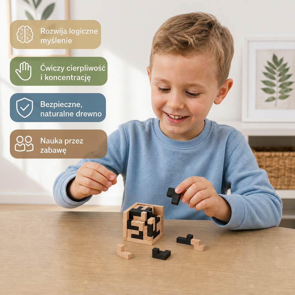 Ręcznie wykonana drewniana kostka logiczna 3D – zabawka edukacyjna dla dzieci rozwijająca logiczne myślenie