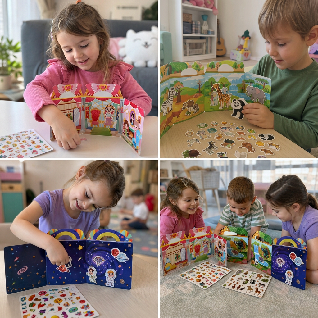 Wielorazowe książeczki z naklejkami Montessori w różnych motywach