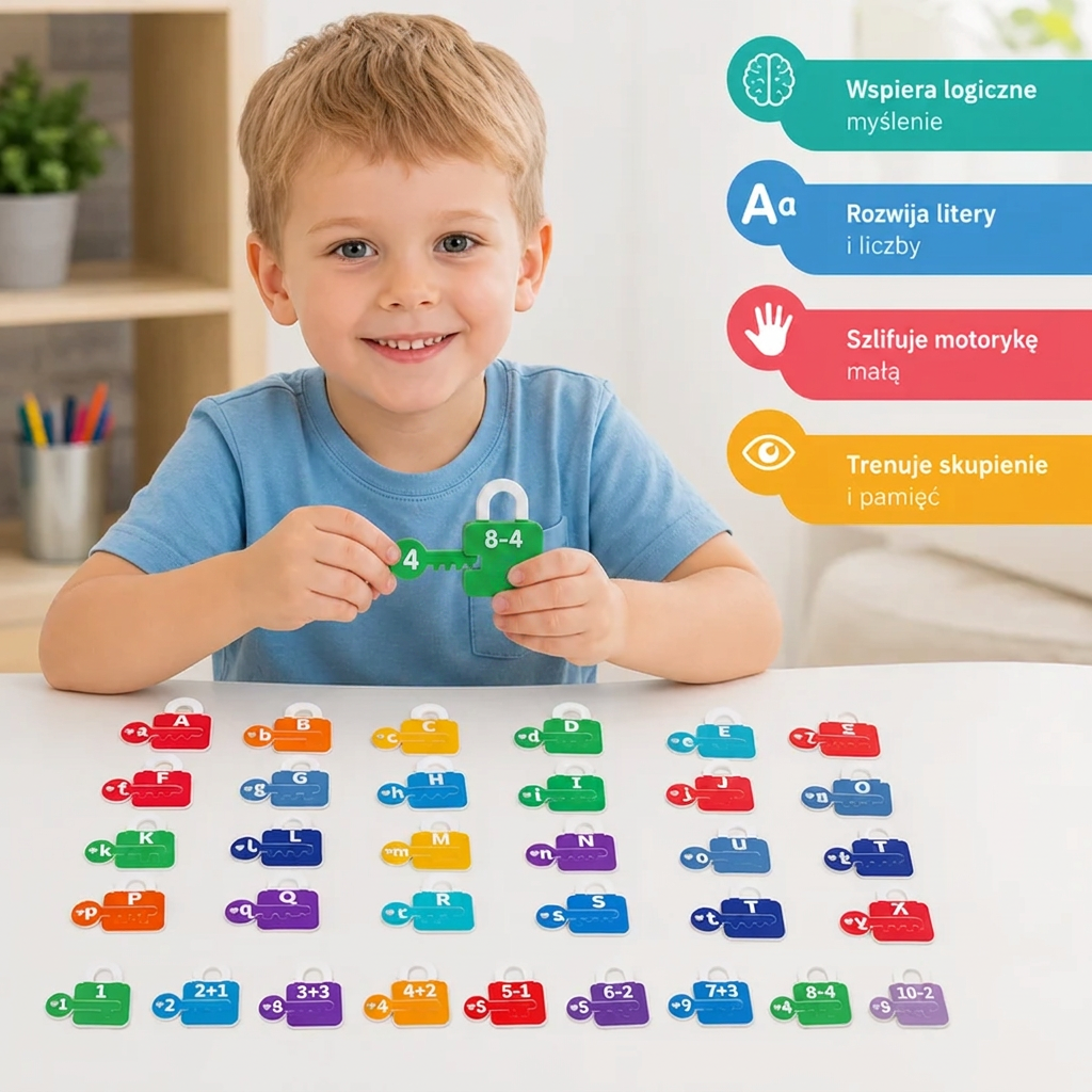 Edukacyjna gra z zamkami i kluczami do nauki liter i matematyki