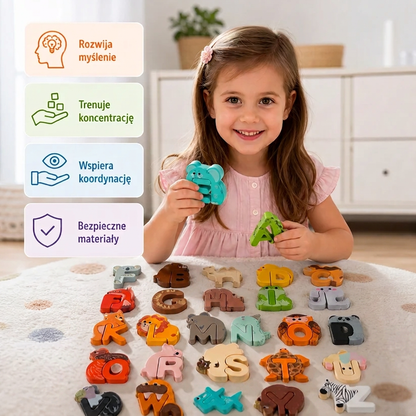 Drewniane puzzle z alfabetem i zwierzętami – edukacyjna zabawka dla dzieci od A do Z