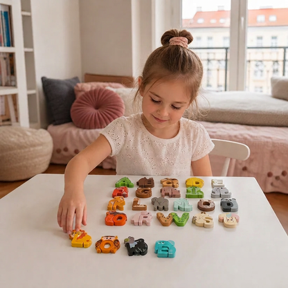 Drewniane puzzle z alfabetem i zwierzętami – edukacyjna zabawka dla dzieci od A do Z