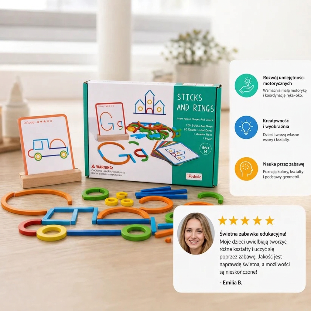 Edukacyjne klocki Montessori z patyczkami i pierścieniami