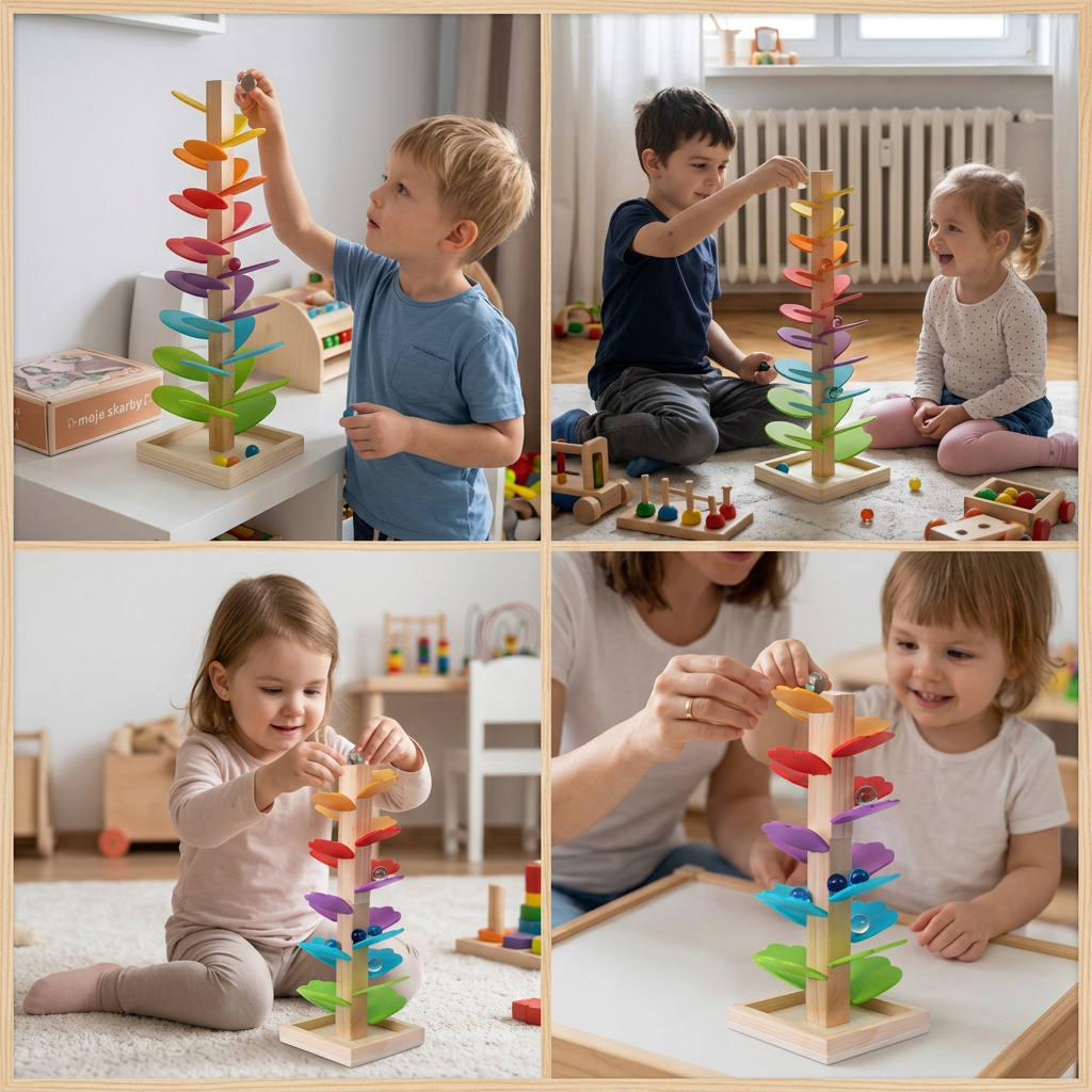 Drewniana wieża z kulkami Montessori