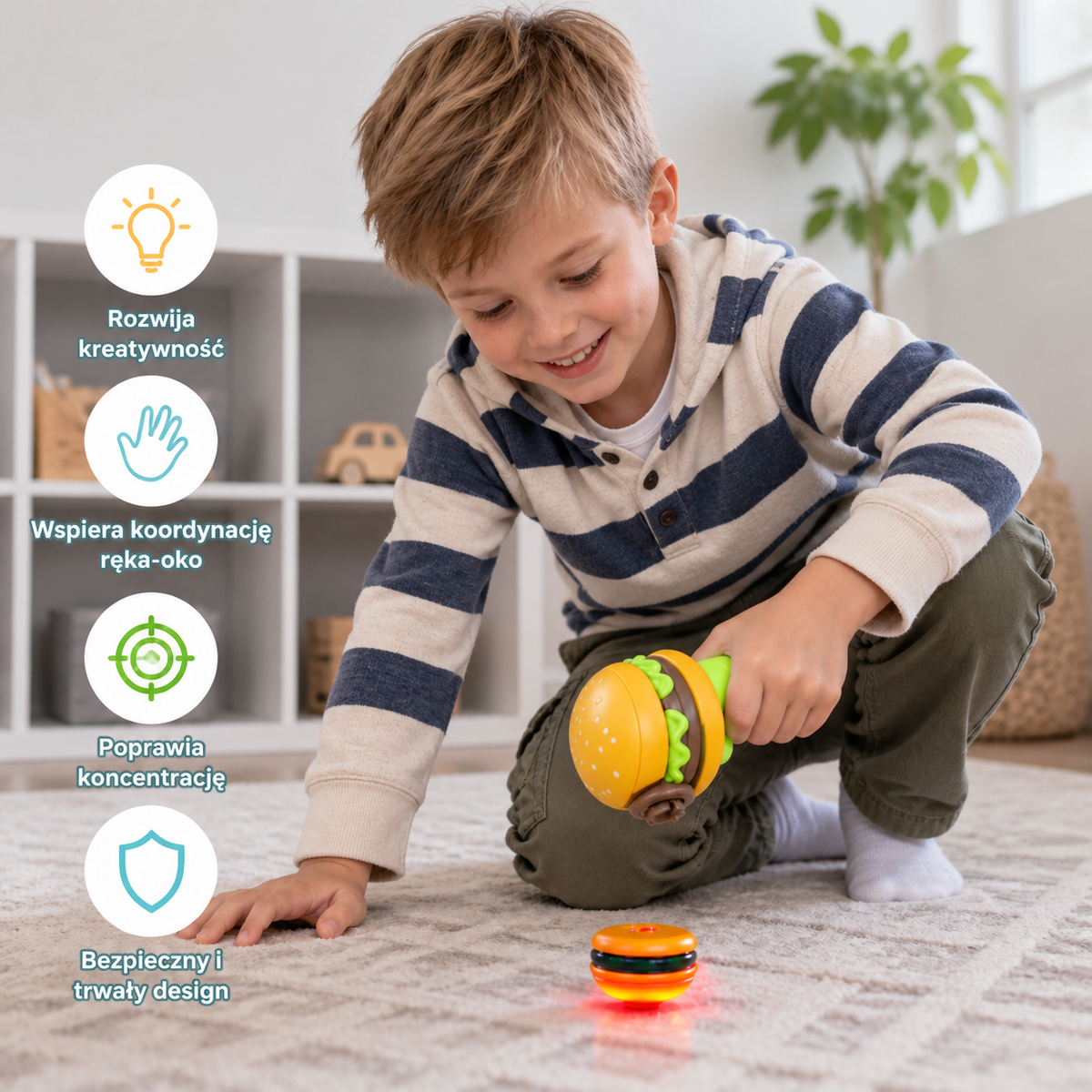 Wyrzutnia 2 w 1 dla dzieci – bączek i latający spinner