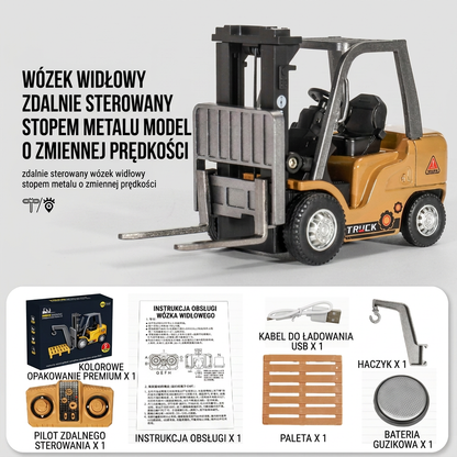 Pojazdy budowlane RC w skali 1:64 – wózek widłowy, koparka, wywrotka i spychacz