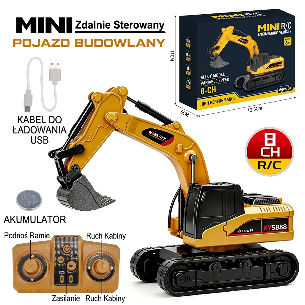 Pojazdy budowlane RC w skali 1:64 – wózek widłowy, koparka, wywrotka i spychacz
