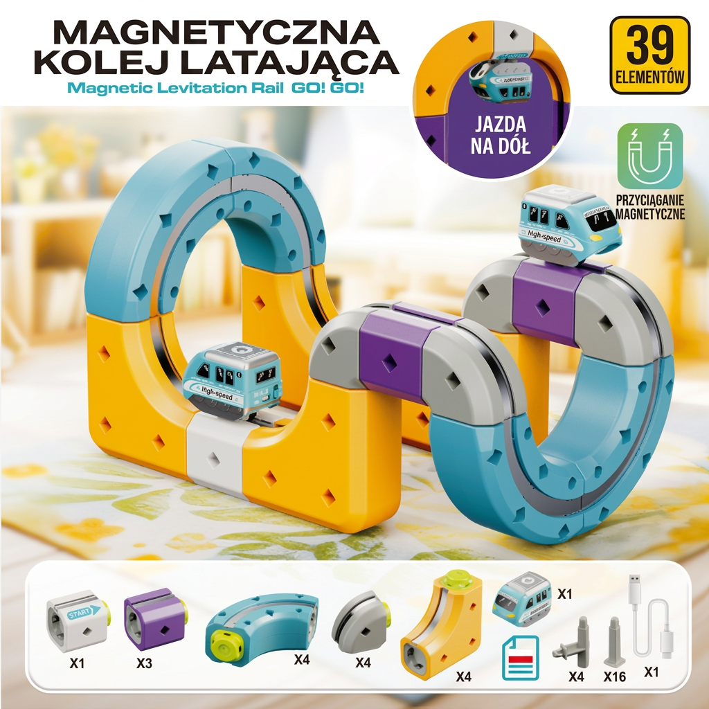 Zestaw DIY do budowy toru grawitacyjnego z kostek i elektrycznym pociągiem