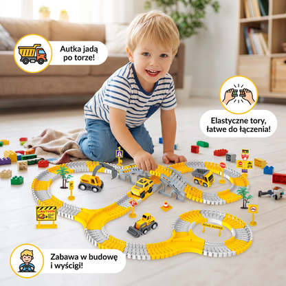 Zestaw toru wyścigowego z pojazdami budowlanymi, mostem i znakami drogowymi