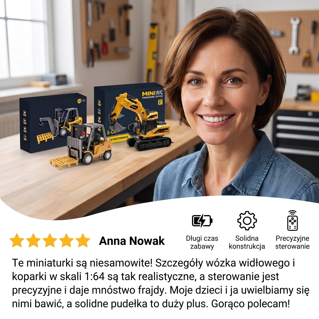 Pojazdy budowlane RC w skali 1:64 – wózek widłowy, koparka, wywrotka i spychacz