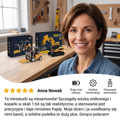 Pojazdy budowlane RC w skali 1:64 – wózek widłowy, koparka, wywrotka i spychacz