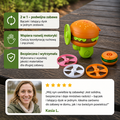 Wyrzutnia 2 w 1 dla dzieci – bączek i latający spinner