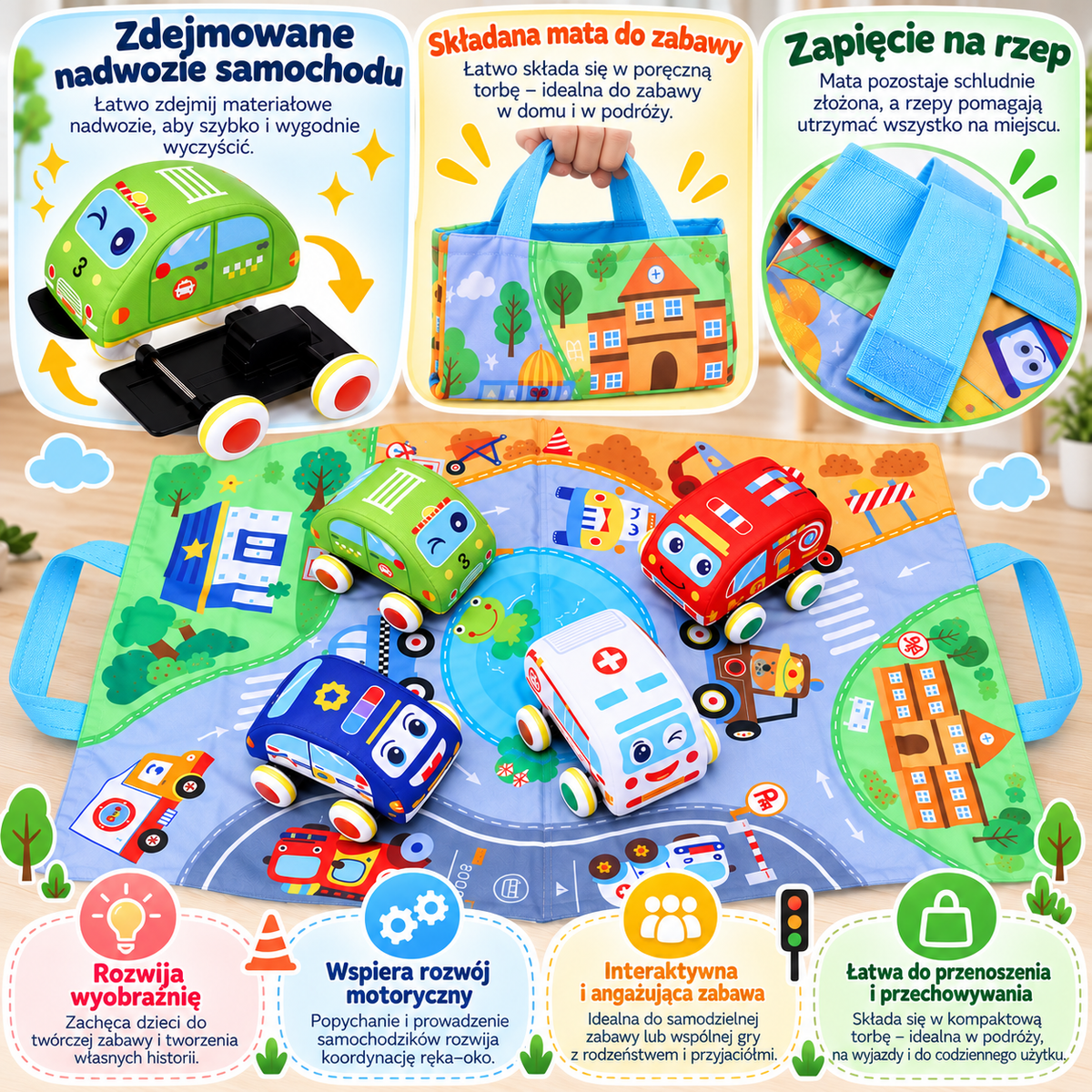 Zestaw miękkich pluszowych samochodzików z napędem pull-back, matą do zabawy 2 w 1 i torbą do przechowywania