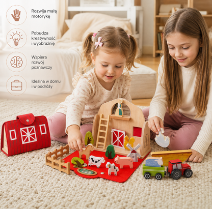 Montessori – drewniano-filcowa zabawka „Farma” do zabawy w podróży – idealna na wyjazdy i spacery