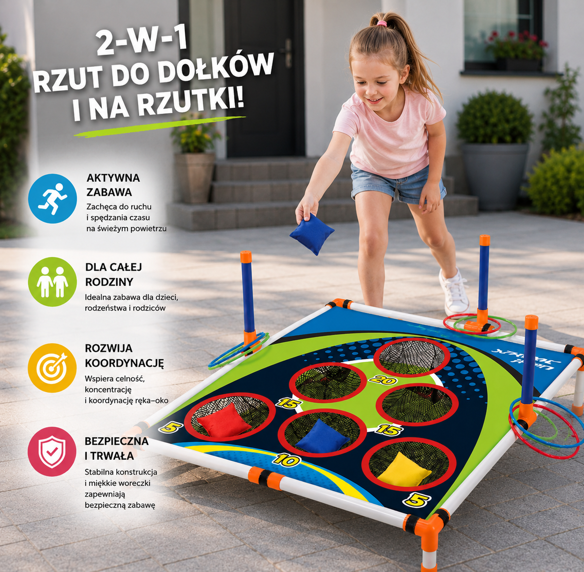 Zestaw do gry 2 w 1 – rzut do celu woreczkami i pierścieniami, łatwy do rozłożenia w ogrodzie i na wyjazdach