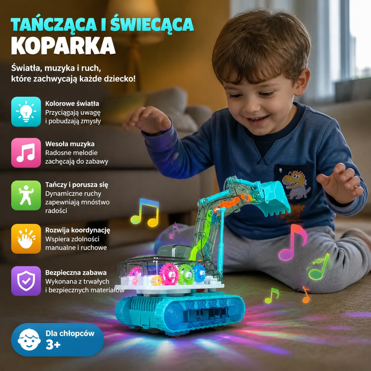 Tańcząca i świecąca koparka z muzyką