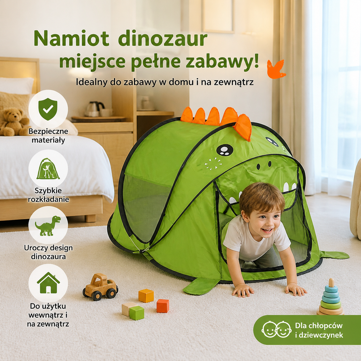 Składany namiot do zabawy z motywem dinozaura dla dzieci – idealny na ciepłe dni i przytulną zabawę