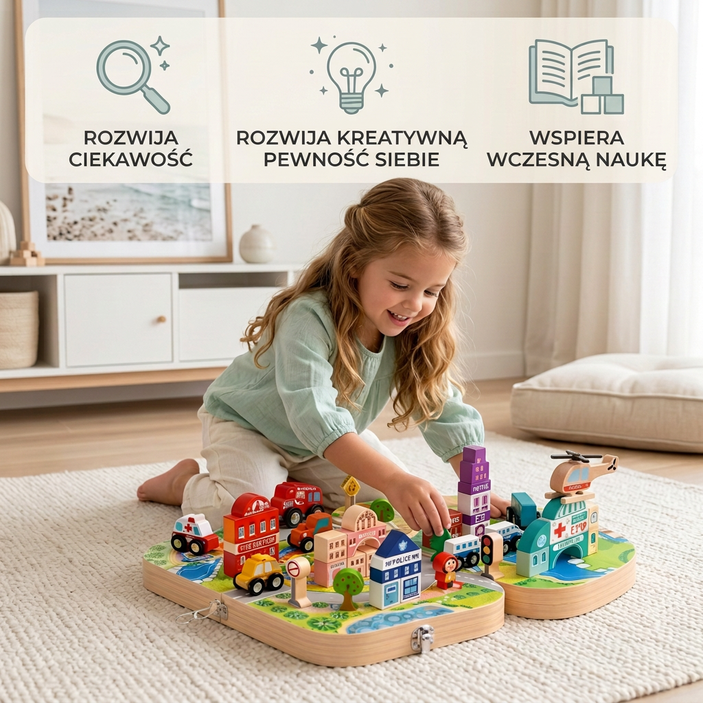 Drewniany zestaw podróżny z klockami miejskimi i torem kolejowym
