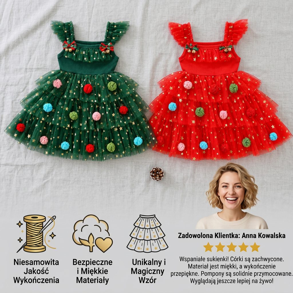 Świąteczna sukienka tutu dla dziewczynek z pomponami, cekinowymi gwiazdkami i falbankami na rękawach