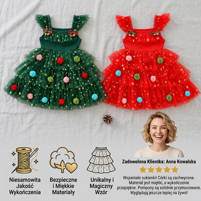 Świąteczna sukienka tutu dla dziewczynek z pomponami, cekinowymi gwiazdkami i falbankami na rękawach