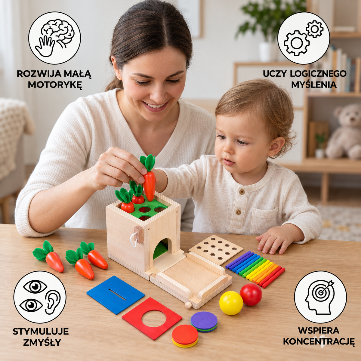 Drewniane pudełko edukacyjne Montessori – zestaw zadań i rozwiązań