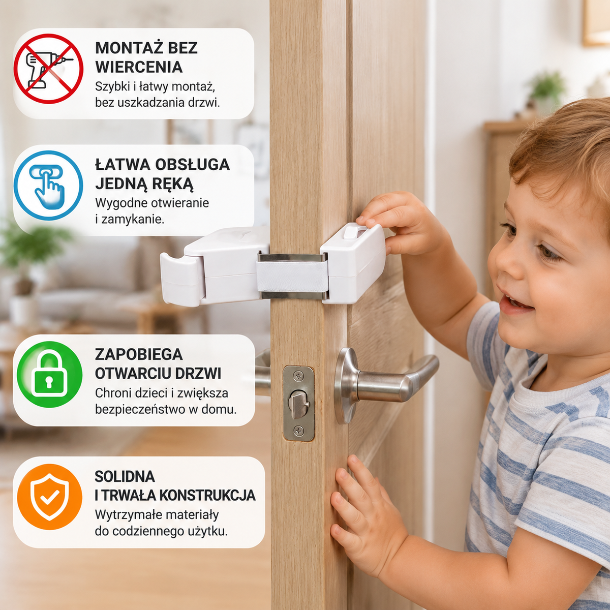 Blokada zabezpieczająca drzwi przed dziećmi bez wiercenia