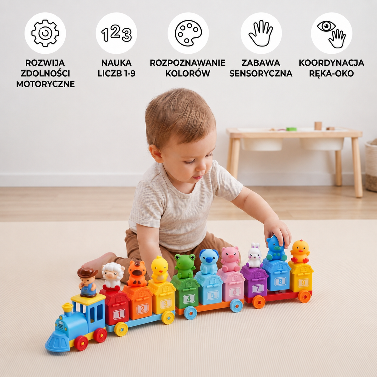 Edukcyjny pociąg Montessori z cyframi i motywem farmy
