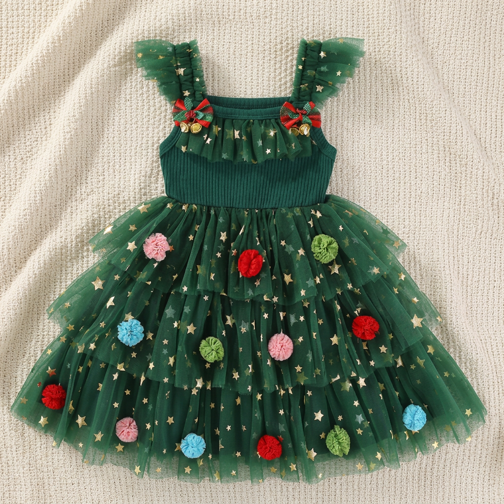 Świąteczna sukienka tutu dla dziewczynek z pomponami, cekinowymi gwiazdkami i falbankami na rękawach