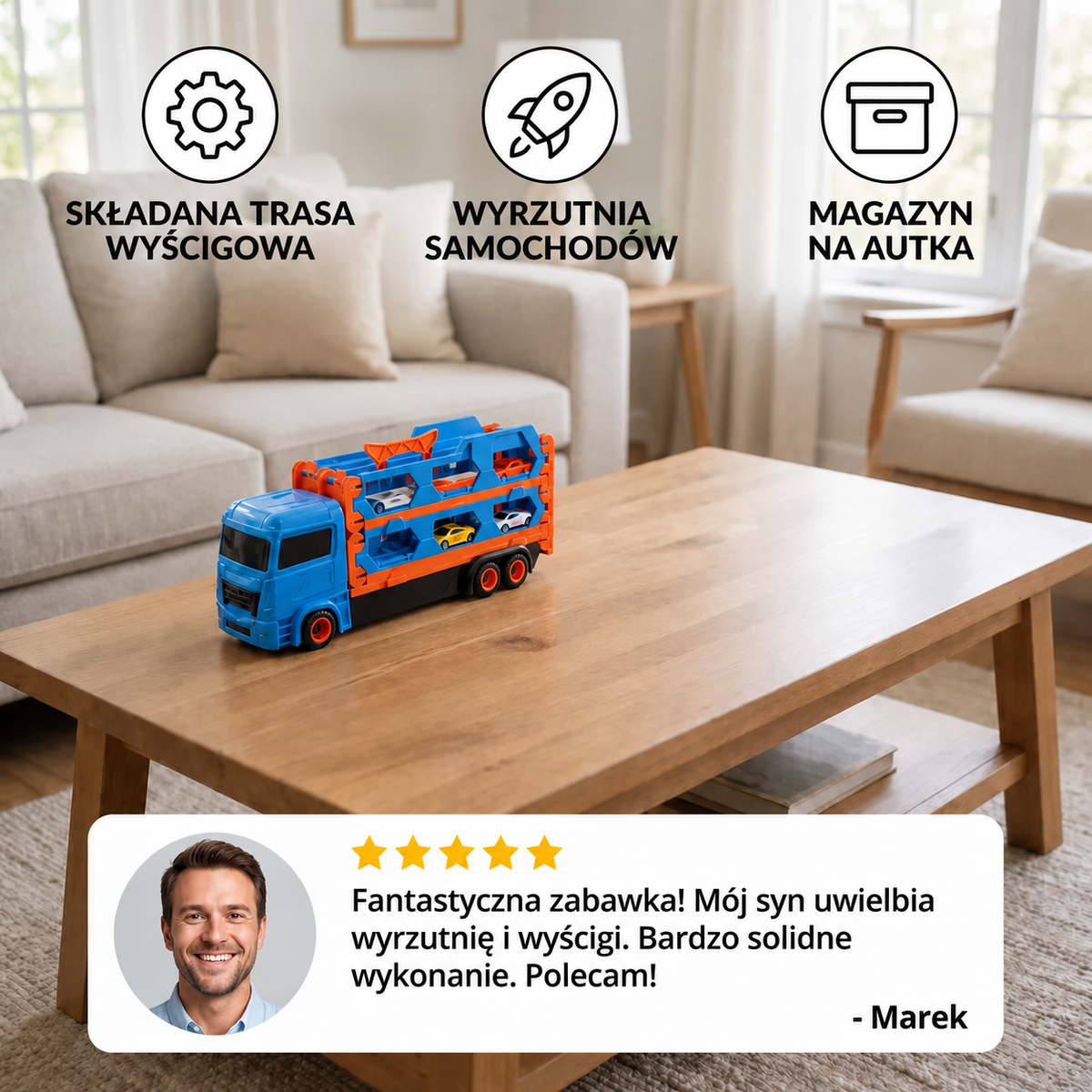Ciężarówka z rozkładanym torem wyścigowym i wyrzutnią
