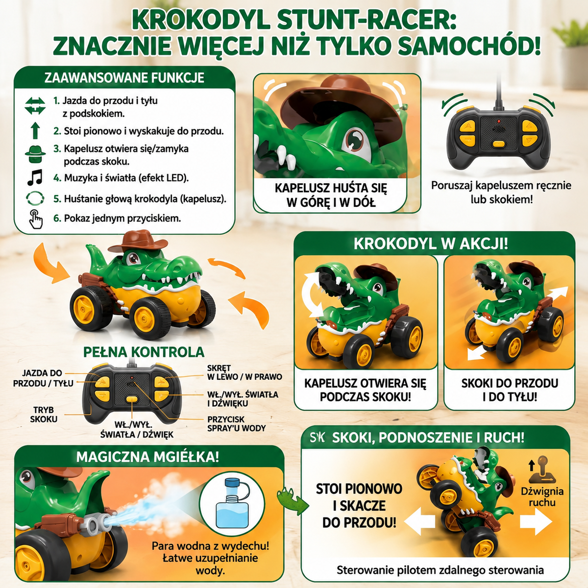 Zdalnie sterowany samochód kaskaderski w kształcie krokodyla – światła, mgiełka i efekty dźwiękowe