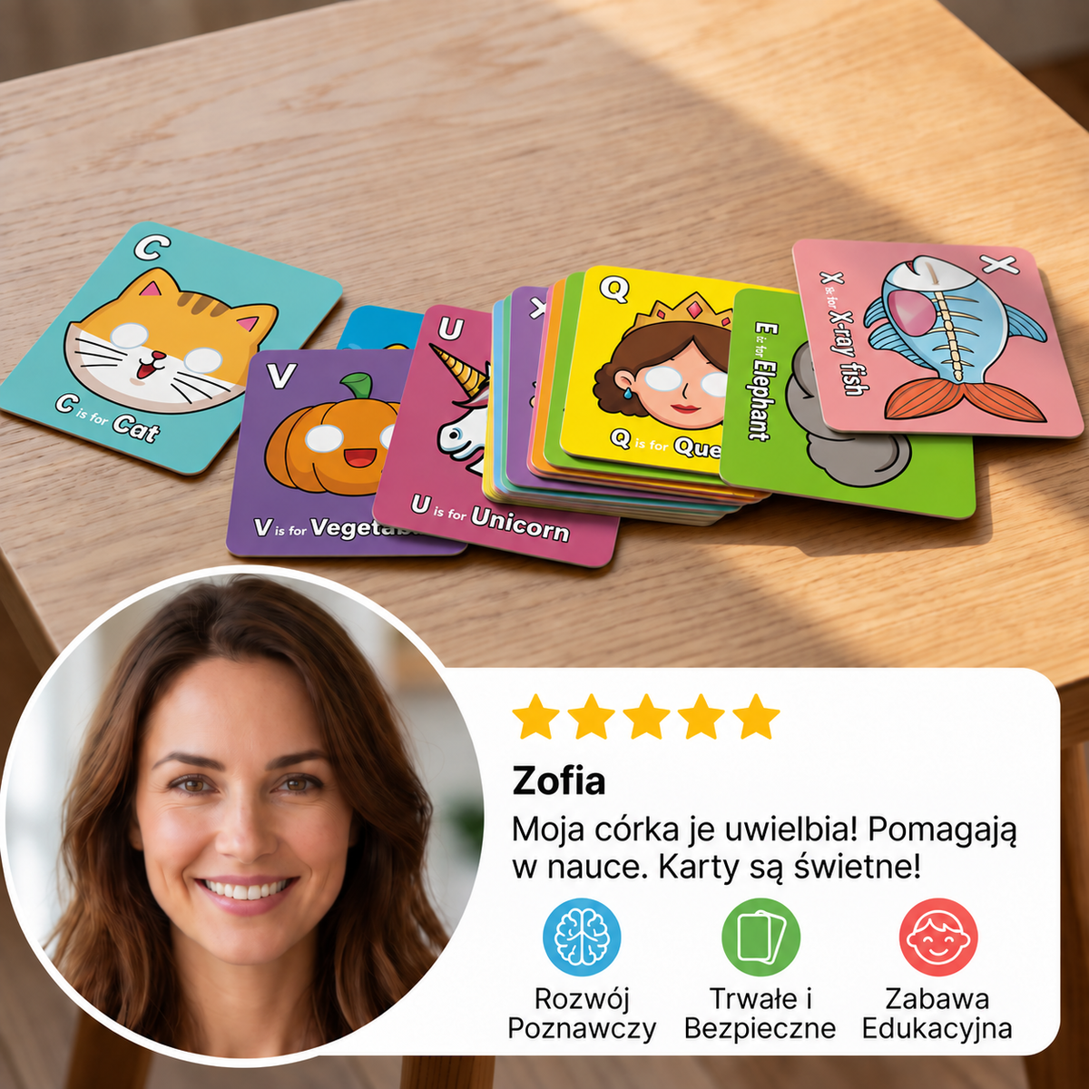 Karty edukacyjne z alfabetem i ilustracjami zwierząt