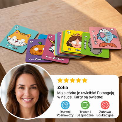 Karty edukacyjne z alfabetem i ilustracjami zwierząt