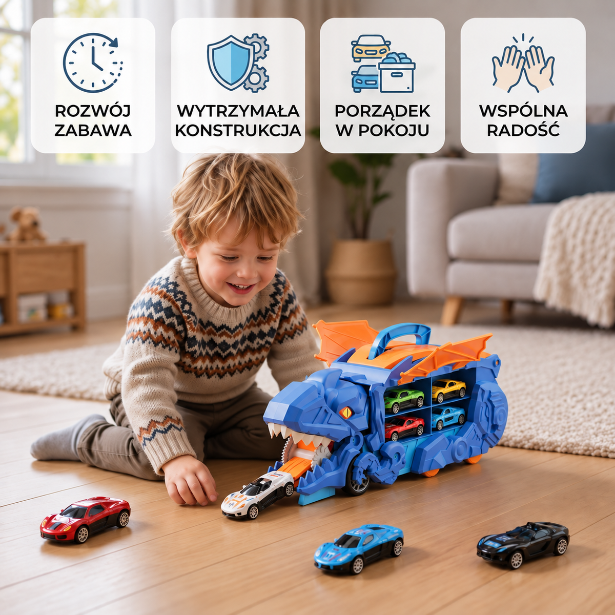 Ciężarówka z samochodami i dinozaurem