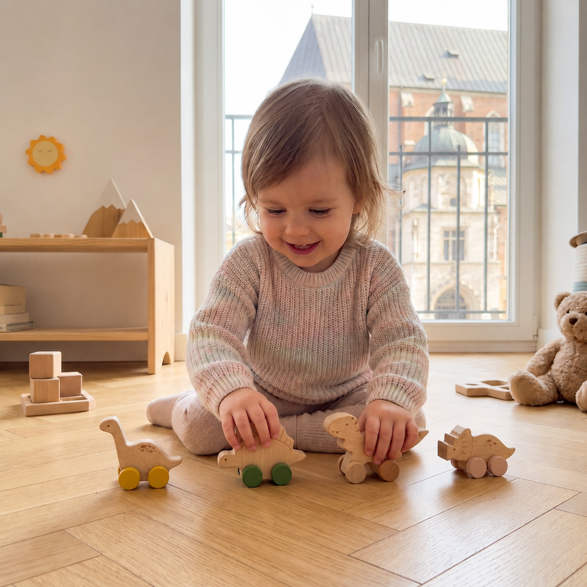 Drewniany pociąg Montessori w pastelowych kolorach