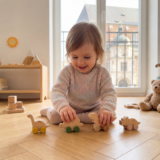 Drewniany pociąg Montessori w pastelowych kolorach