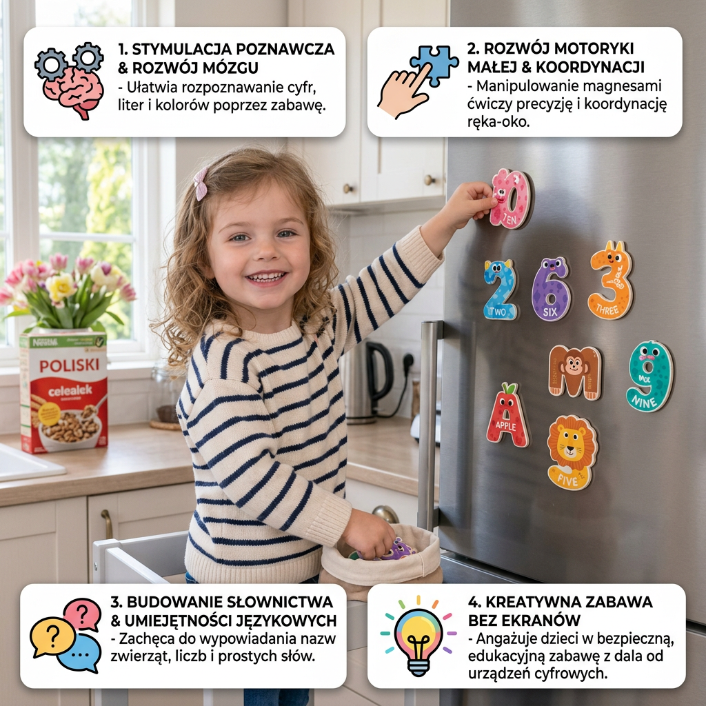 Magnesy na lodówkę ze zwierzętami, literami i cyframi – zestaw do nauki pisowni dla dzieci
