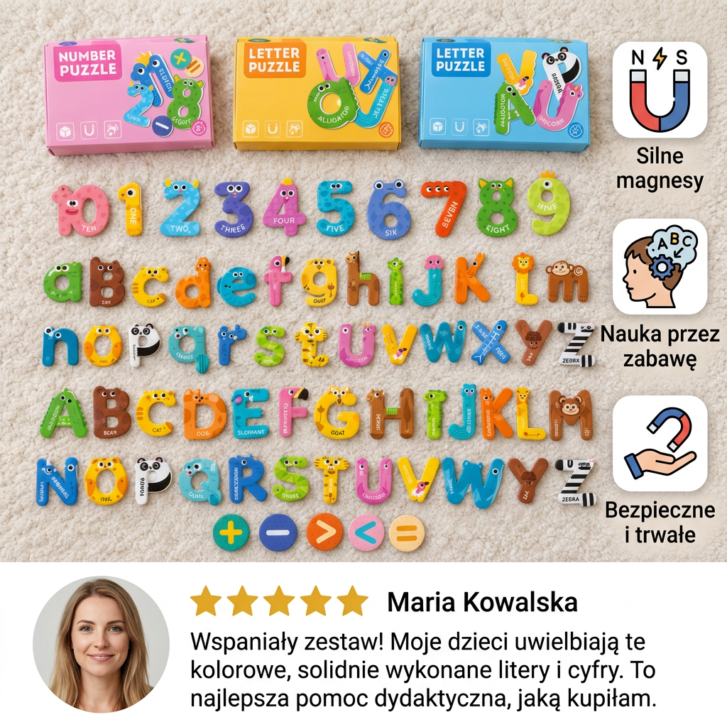 Magnesy na lodówkę ze zwierzętami, literami i cyframi – zestaw do nauki pisowni dla dzieci