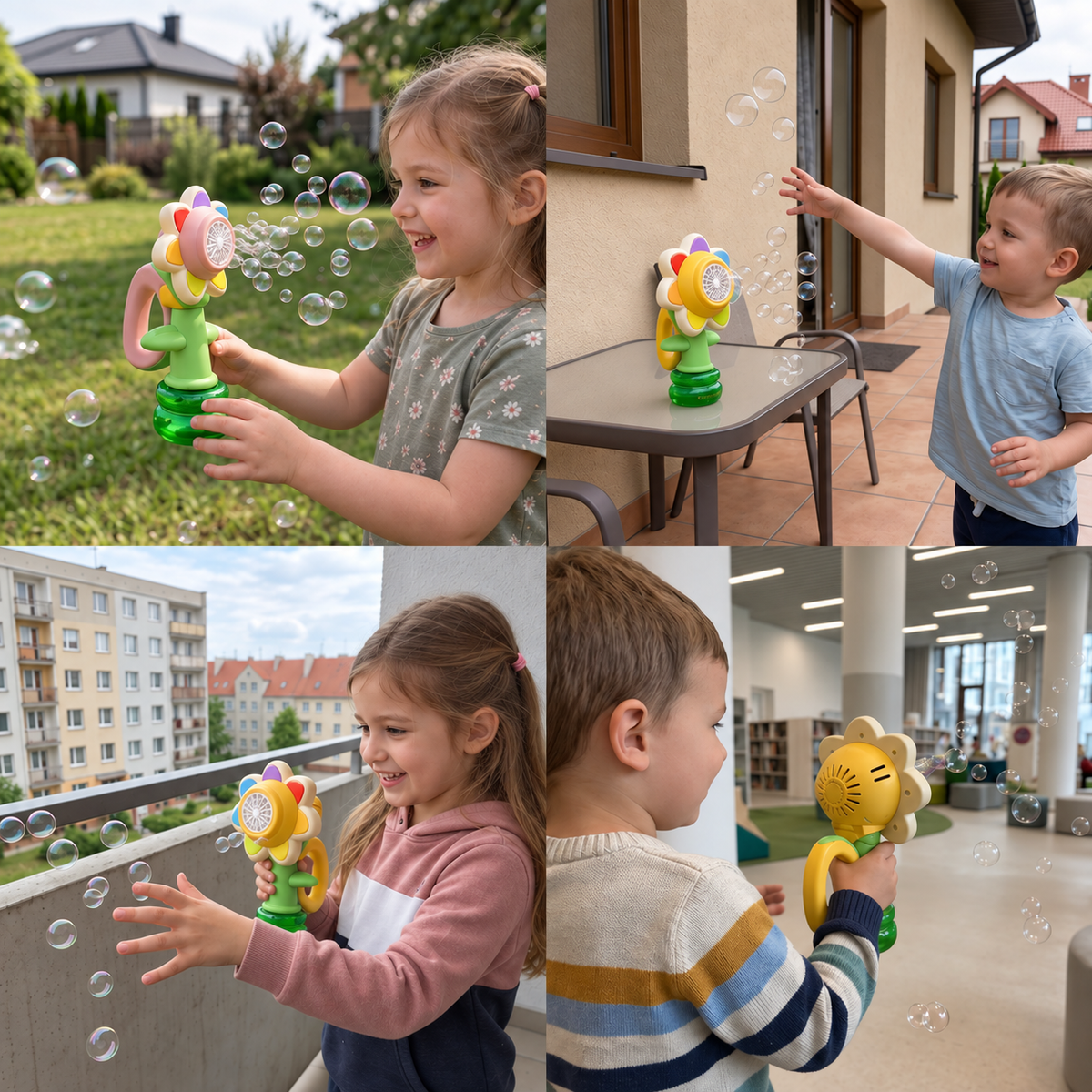Kiwający się kwiatek puszczający bańki